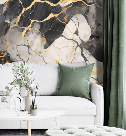 Removable Wallpaper, White, Gold, Black Marble - Peel & Stick, Reusable, Self Adhesive, 26 Inch Fixed Panels, Easy Install, Seamless