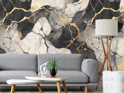 Removable Wallpaper, White, Gold, Black Marble - Peel & Stick, Reusable, Self Adhesive, 26 Inch Fixed Panels, Easy Install, Seamless