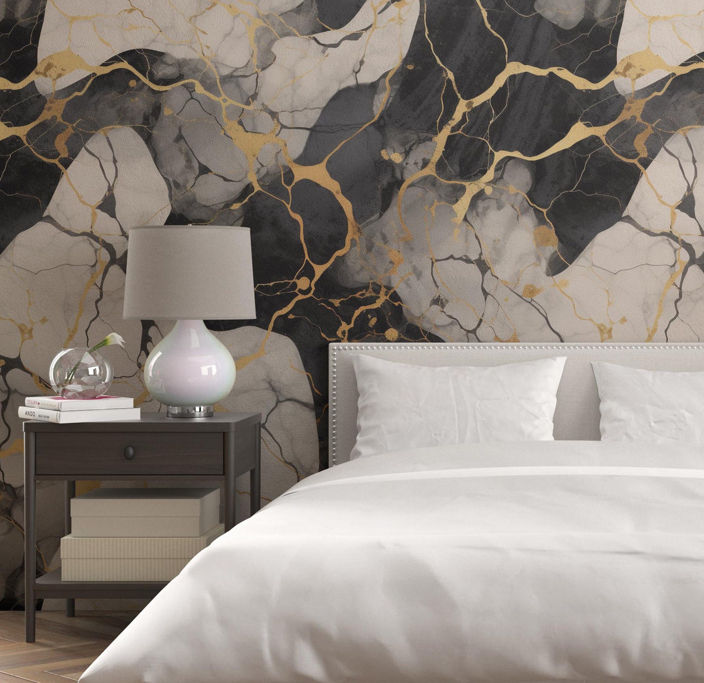 Removable Wallpaper, White, Gold, Black Marble - Peel & Stick, Reusable, Self Adhesive, 26 Inch Fixed Panels, Easy Install, Seamless