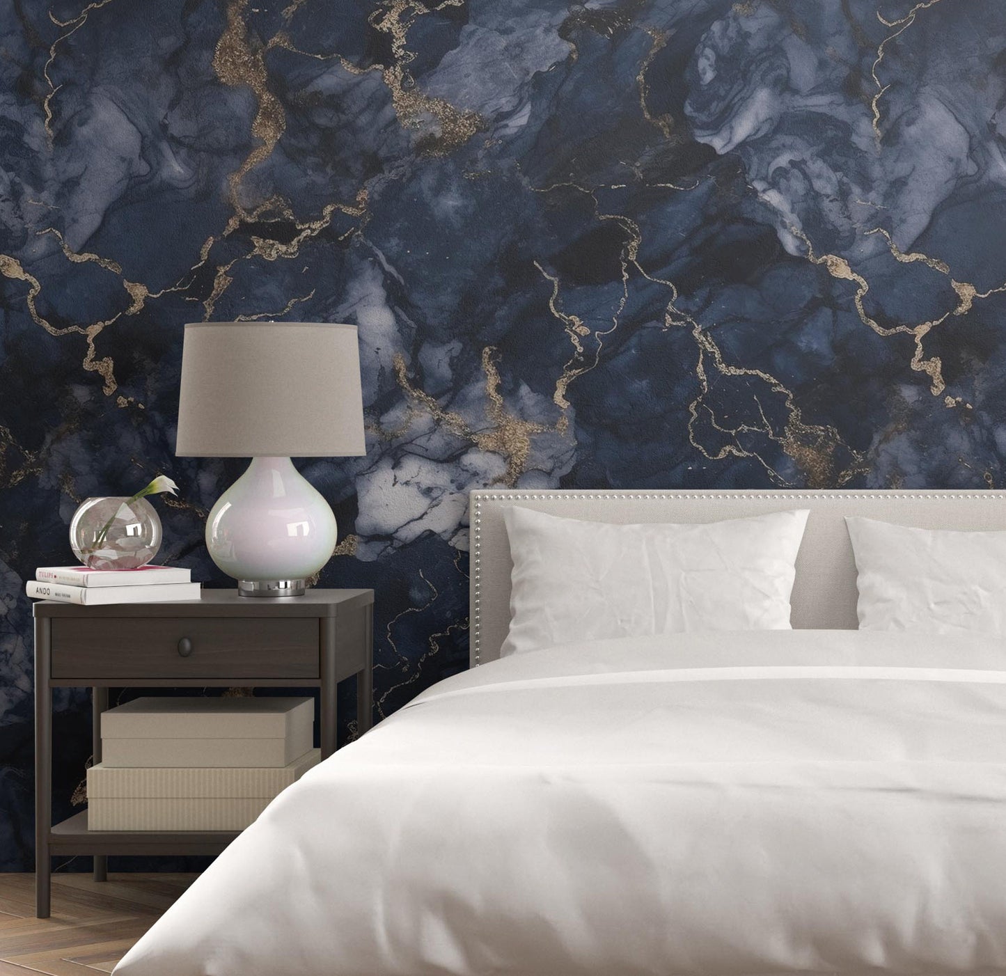 Blue and Gold Marble Removable Wallpaper, - Peel & Stick, Reusable, Self Adhesive, 26 Inch Fixed Panels, Easy Install, Seamless