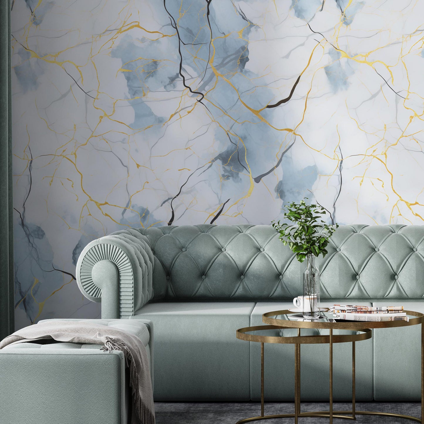 Removable Wallpaper, Blue and Gold Marble - Peel & Stick, Reusable, Self Adhesive, 26" Panels, Easy Install, Seamless