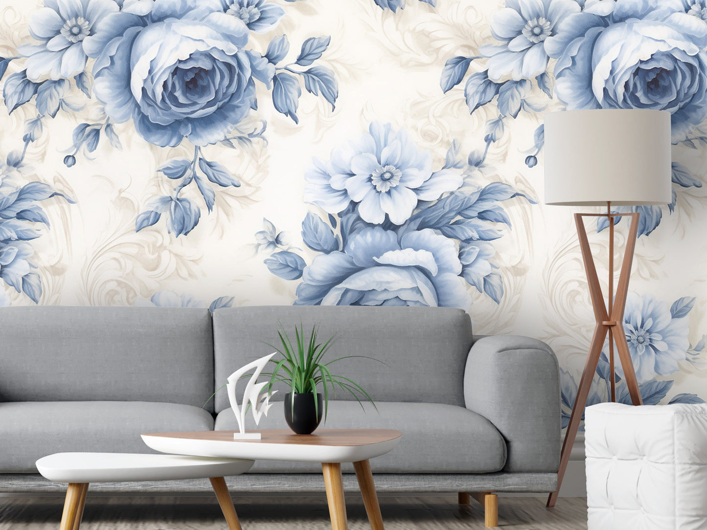 Blue Cute Floral Removable Wallpaper Blue Rose Peel & Stick, Reusable, Self Adhesive, 26" Panels, Easy Install, Seamless Home Decor