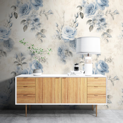 Removable Wallpaper, Blue Floral Blue Leaves - Peel & Stick, Reusable, Self Adhesive, 26" Panels, Easy Install, Seamless