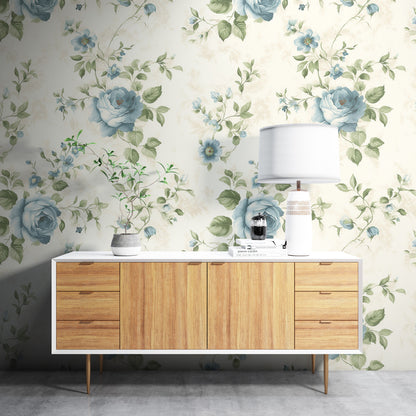 Removable Wallpaper, Blue Floral Green Leaves - Peel & Stick, Reusable, Self Adhesive, 26" Panels, Easy Install, Seamless