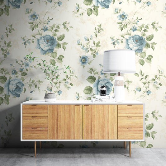 Removable Wallpaper, Blue Floral Green Leaves - Peel & Stick, Reusable, Self Adhesive, 26" Panels, Easy Install, Seamless