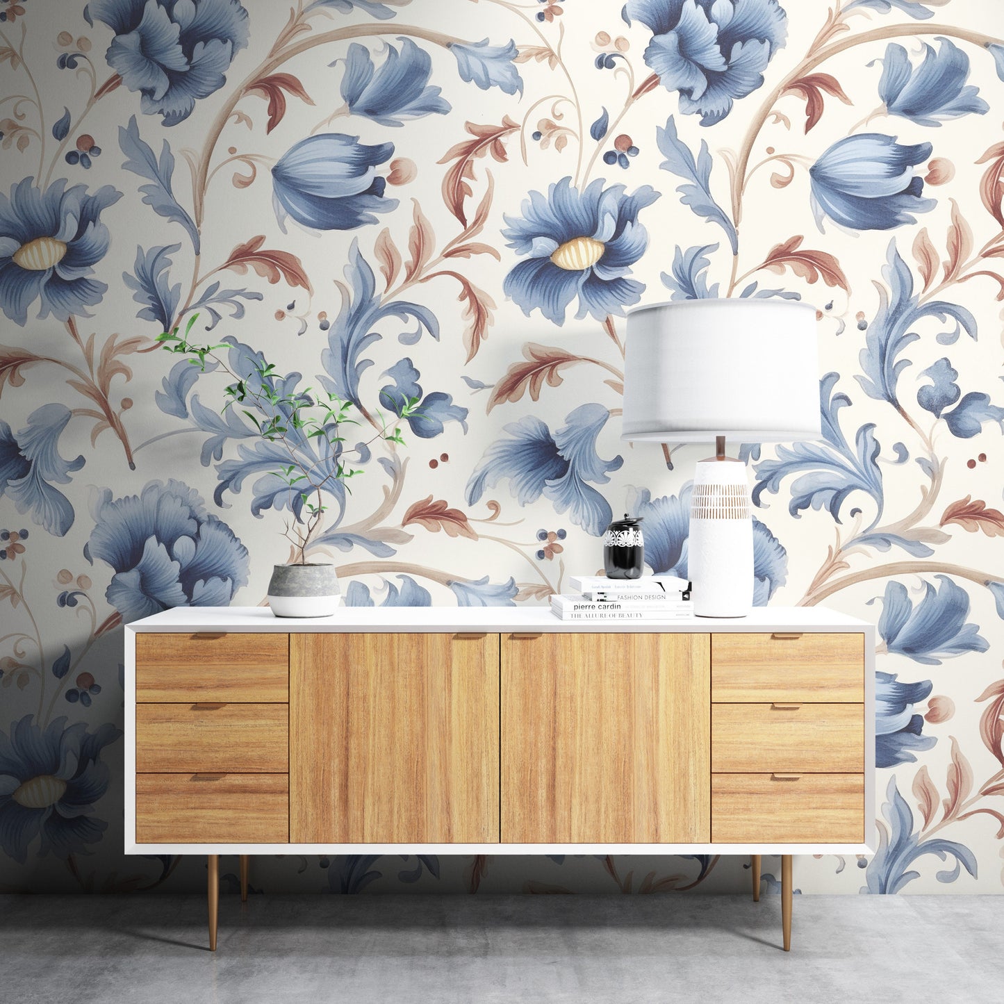 Floral  Blue and Orange Removable Wallpaper, - Peel & Stick, Reusable, Self Adhesive, 26" Panels, Easy Install, Seamless