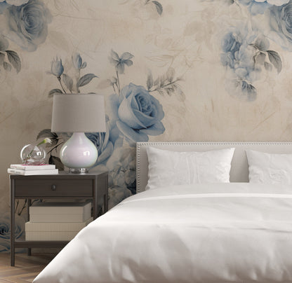 Removable Wallpaper, Blue Floral Blue Leaves - Peel & Stick, Reusable, Self Adhesive, 26" Panels, Easy Install, Seamless