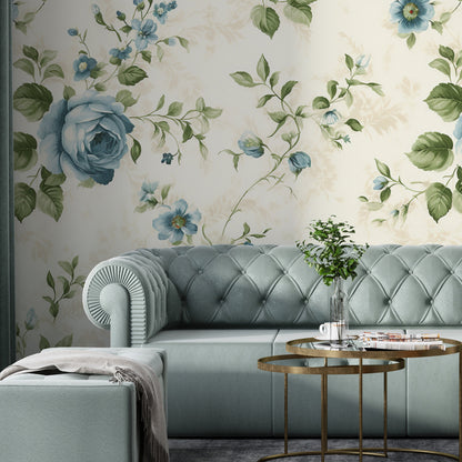 Removable Wallpaper, Blue Floral Green Leaves - Peel & Stick, Reusable, Self Adhesive, 26" Panels, Easy Install, Seamless