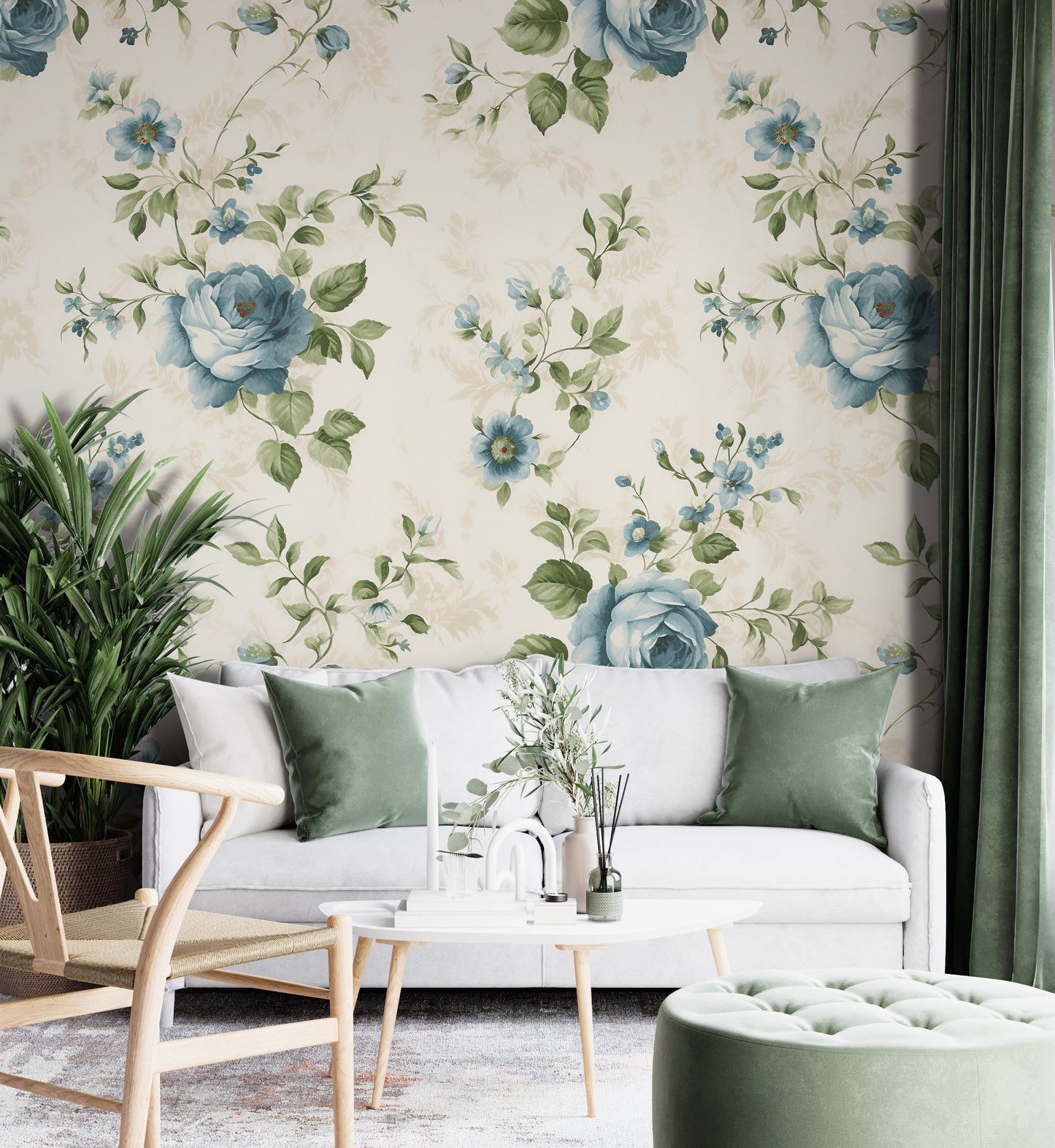 Removable Wallpaper, Blue Floral Green Leaves - Peel & Stick, Reusable, Self Adhesive, 26" Panels, Easy Install, Seamless