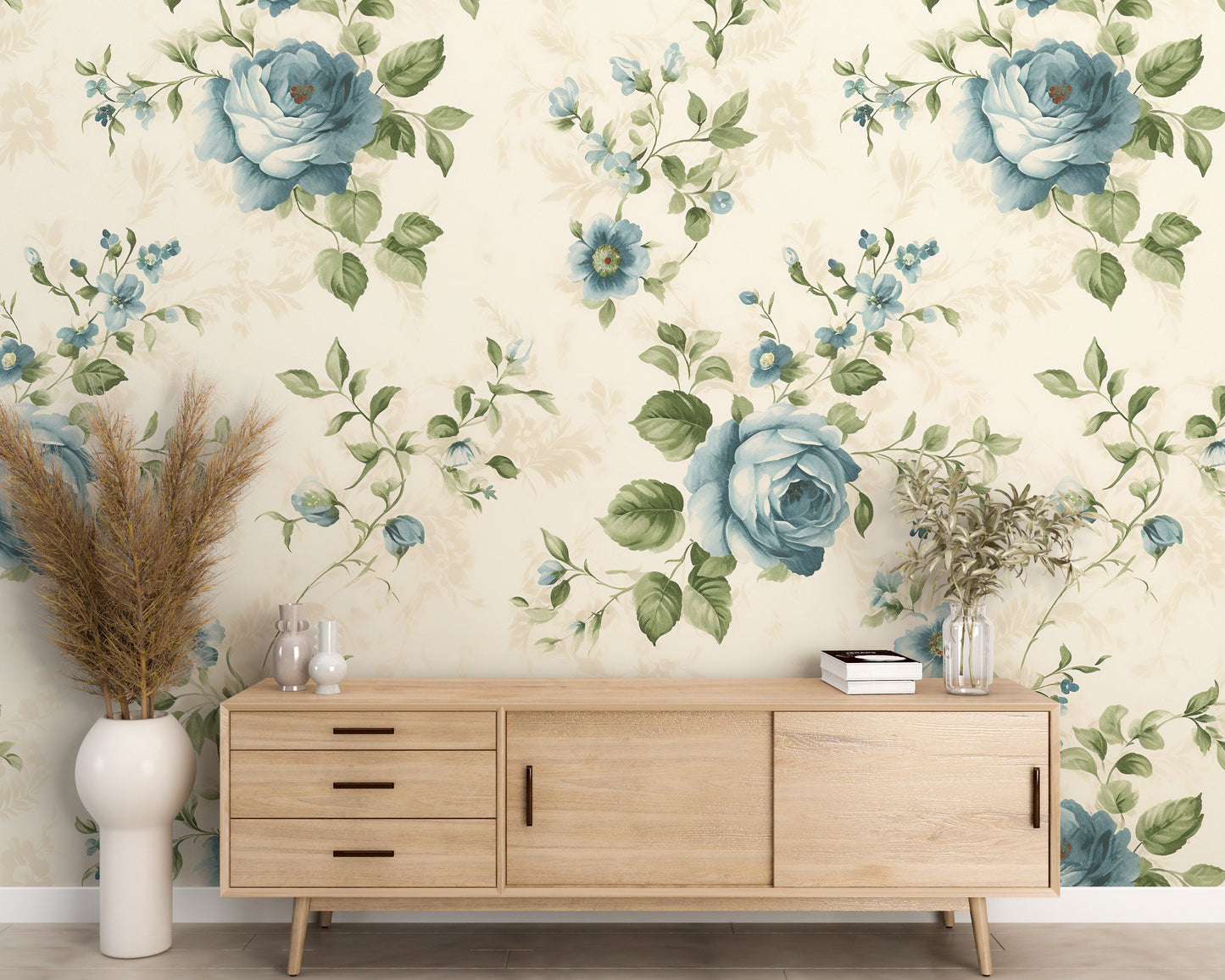 Removable Wallpaper, Blue Floral Green Leaves - Peel & Stick, Reusable, Self Adhesive, 26" Panels, Easy Install, Seamless