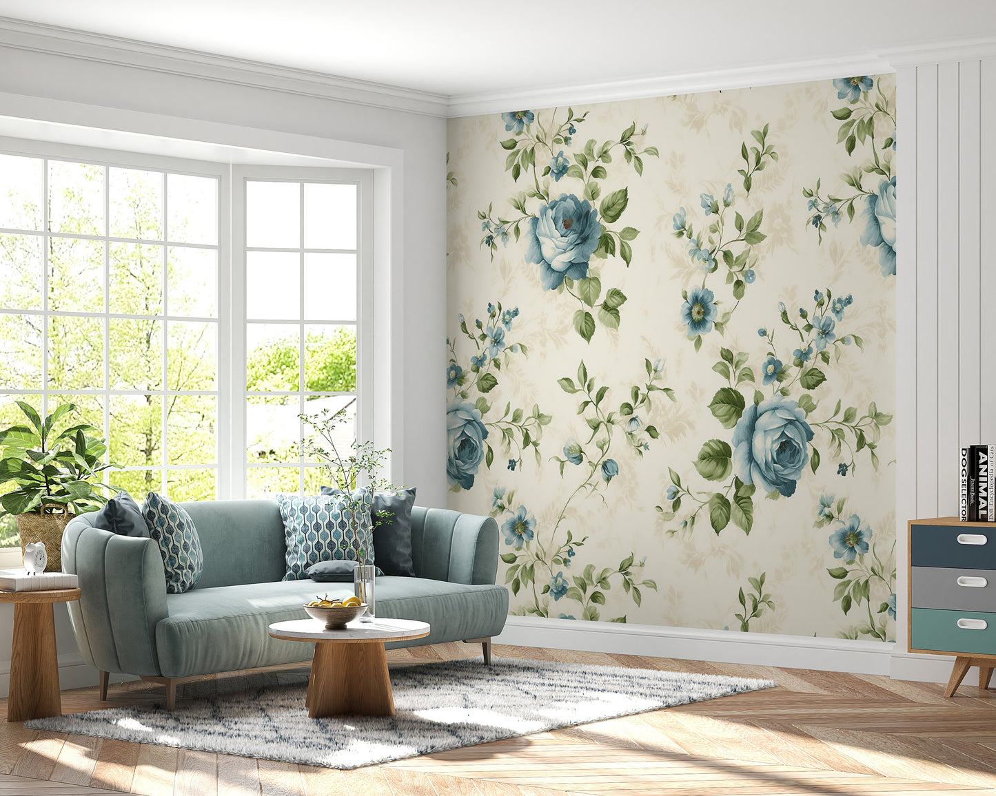 Removable Wallpaper, Blue Floral Green Leaves - Peel & Stick, Reusable, Self Adhesive, 26" Panels, Easy Install, Seamless