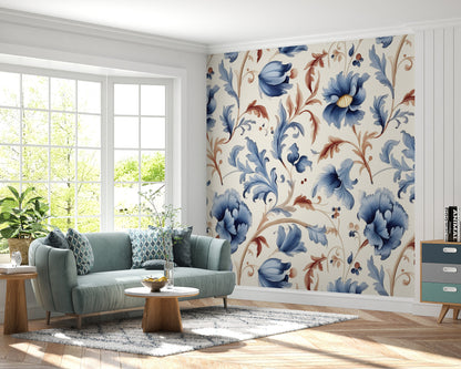 Floral  Blue and Orange Removable Wallpaper, - Peel & Stick, Reusable, Self Adhesive, 26" Panels, Easy Install, Seamless