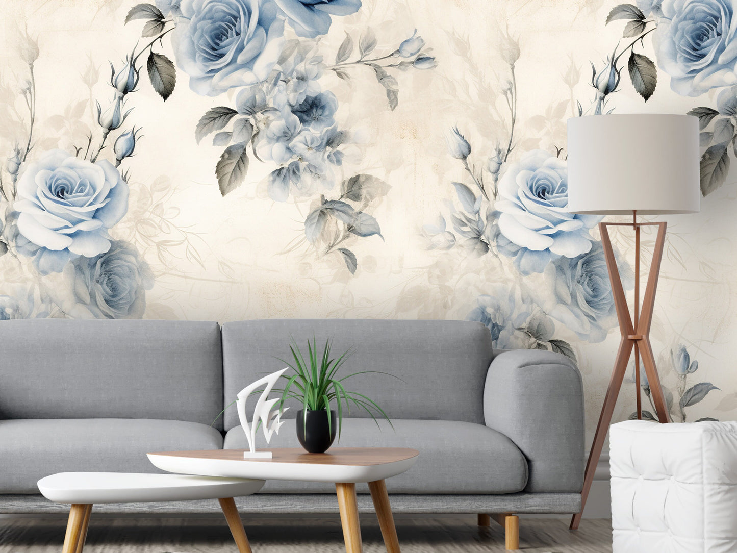 Removable Wallpaper, Blue Floral Blue Leaves - Peel & Stick, Reusable, Self Adhesive, 26" Panels, Easy Install, Seamless