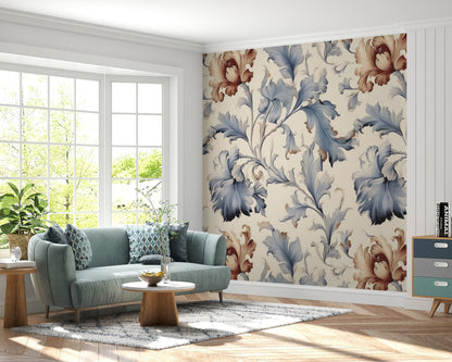 Removable Wallpaper, Cute Orange and Blue Floral - Peel & Stick, Reusable, Self Adhesive, 26" Panels, Easy Install, Seamless