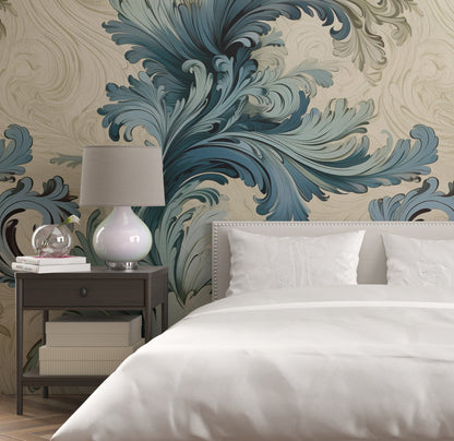 Removable Wallpaper, Floral Blue Leaves - Peel & Stick, Reusable, Self Adhesive, 26" Panels, Easy Install, Seamless