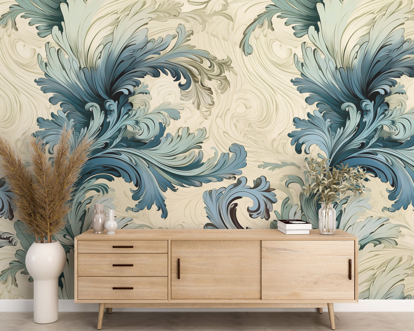 Removable Wallpaper, Floral Blue Leaves - Peel & Stick, Reusable, Self Adhesive, 26" Panels, Easy Install, Seamless