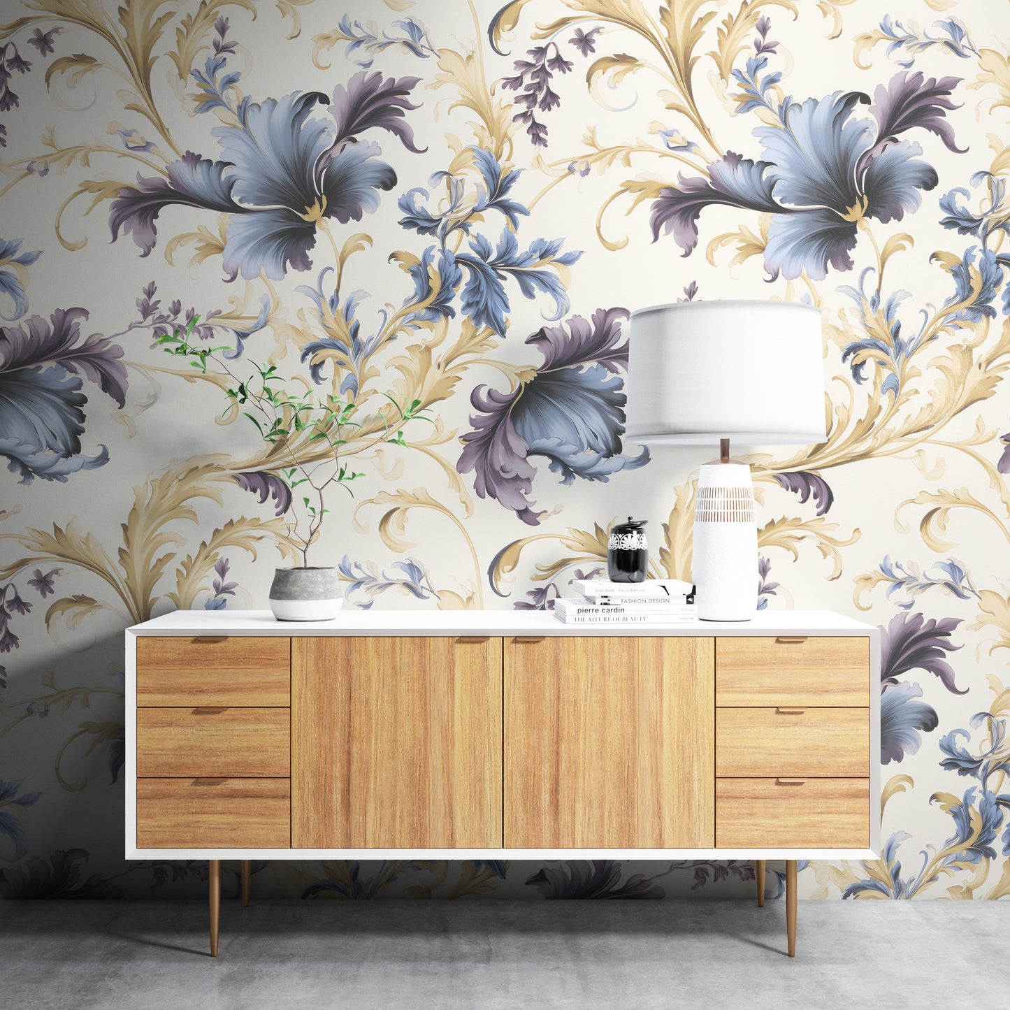 Removable Wallpaper, Floral Yellow and Blue Leaves - Peel & Stick, Reusable, Self Adhesive, 26" Panels, Easy Install, Seamless