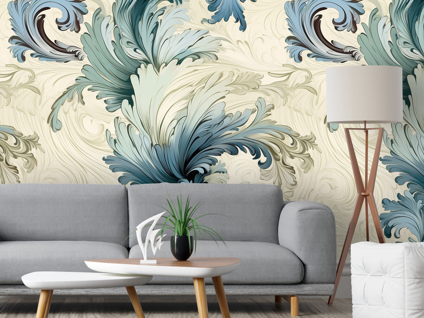 Removable Wallpaper, Floral Blue Leaves - Peel & Stick, Reusable, Self Adhesive, 26" Panels, Easy Install, Seamless