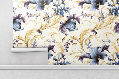 Removable Wallpaper, Floral Yellow and Blue Leaves - Peel & Stick, Reusable, Self Adhesive, 26" Panels, Easy Install, Seamless