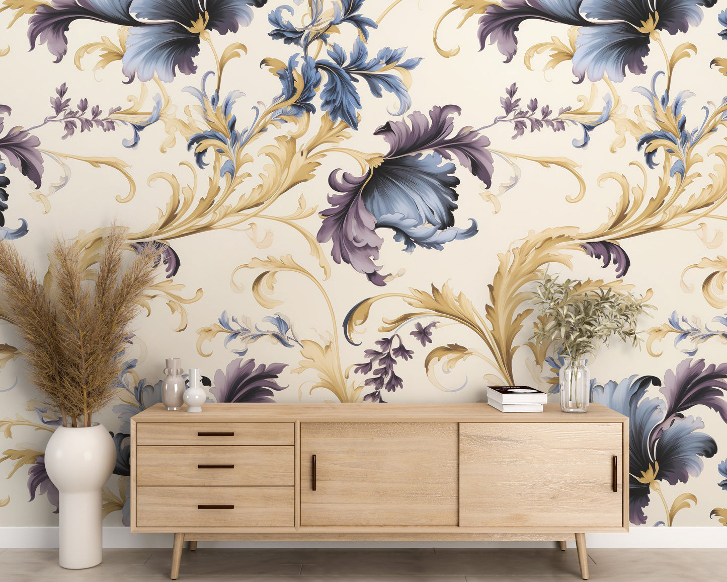 Removable Wallpaper, Floral Yellow and Blue Leaves - Peel & Stick, Reusable, Self Adhesive, 26" Panels, Easy Install, Seamless