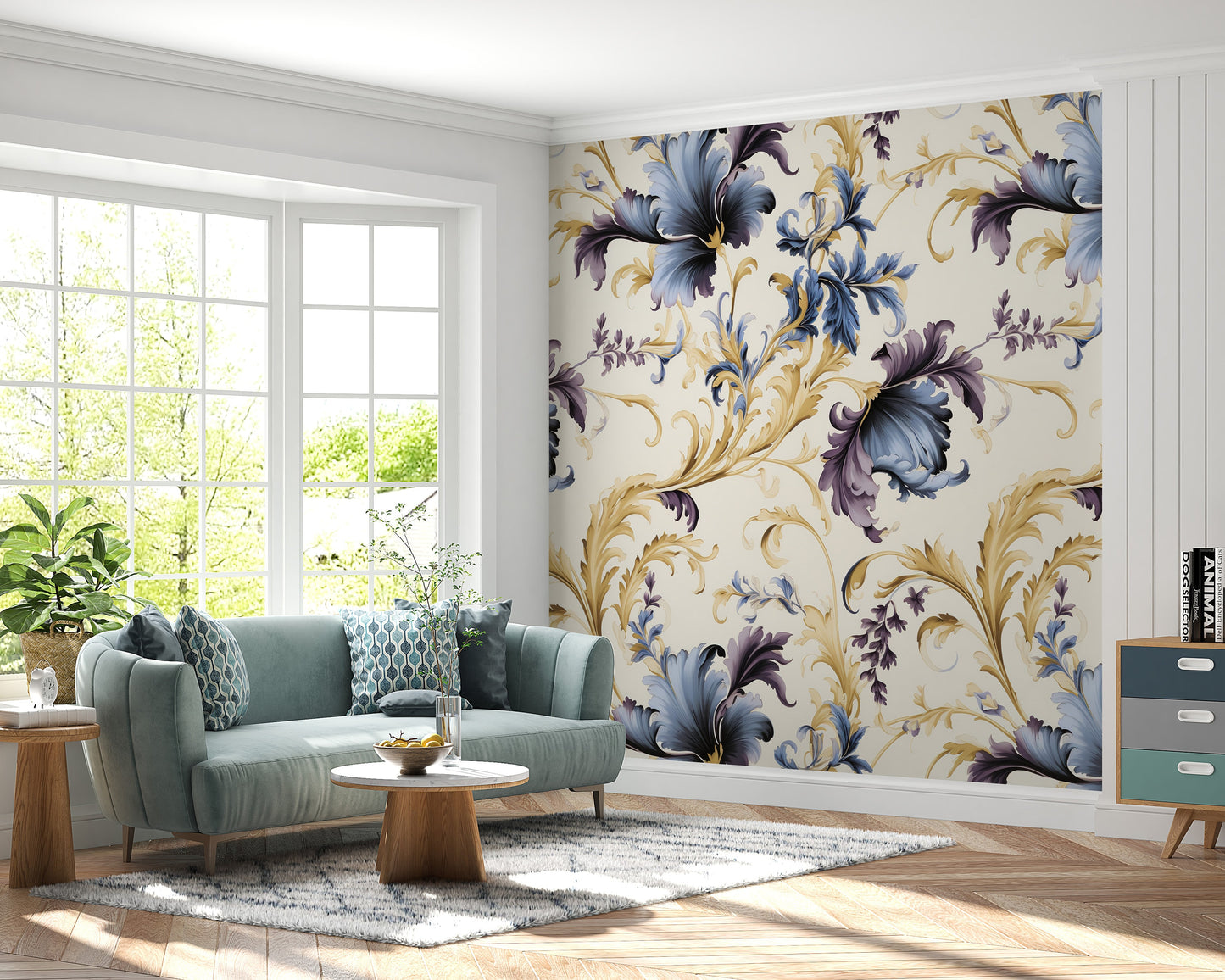 Removable Wallpaper, Floral Yellow and Blue Leaves - Peel & Stick, Reusable, Self Adhesive, 26" Panels, Easy Install, Seamless