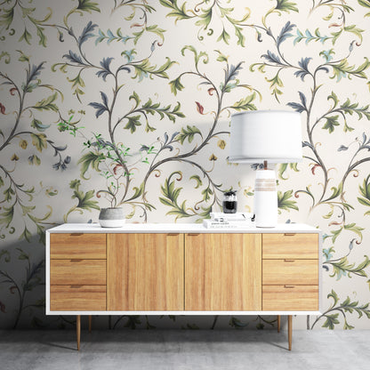 Removable Wallpaper, Green Flower Floral - Peel & Stick, Reusable, Self Adhesive, 26" Panels, Easy Install, Seamless