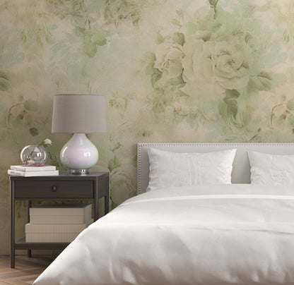 Removable Wallpaper, Green Floral - Peel & Stick, Reusable, Self Adhesive, 26" Panels, Easy Install, Seamless