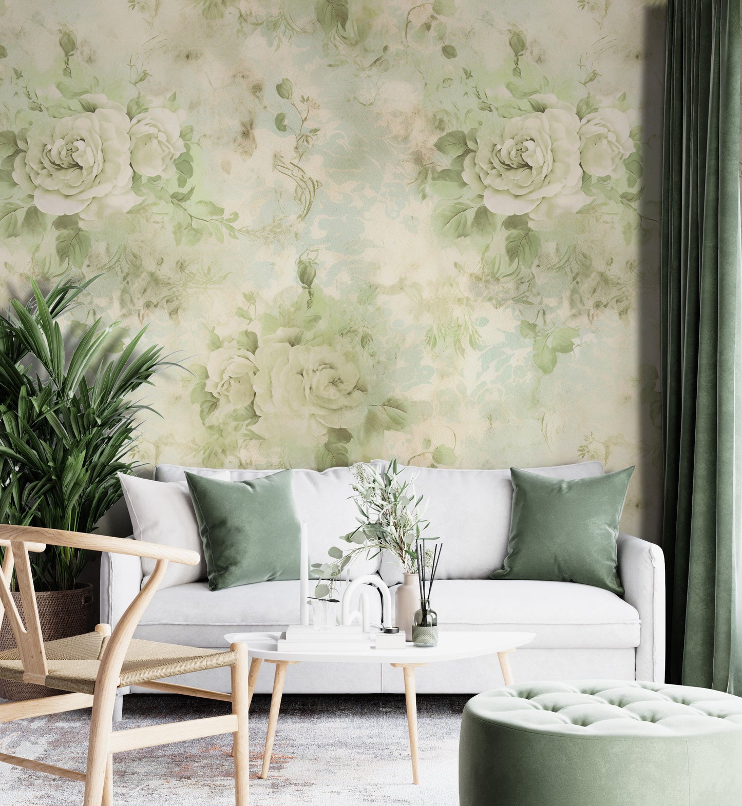 Removable Wallpaper, Green Floral - Peel & Stick, Reusable, Self Adhesive, 26" Panels, Easy Install, Seamless