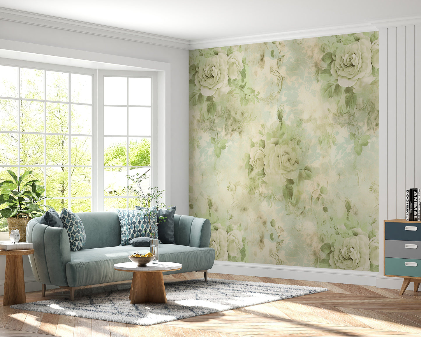 Removable Wallpaper, Green Floral - Peel & Stick, Reusable, Self Adhesive, 26" Panels, Easy Install, Seamless