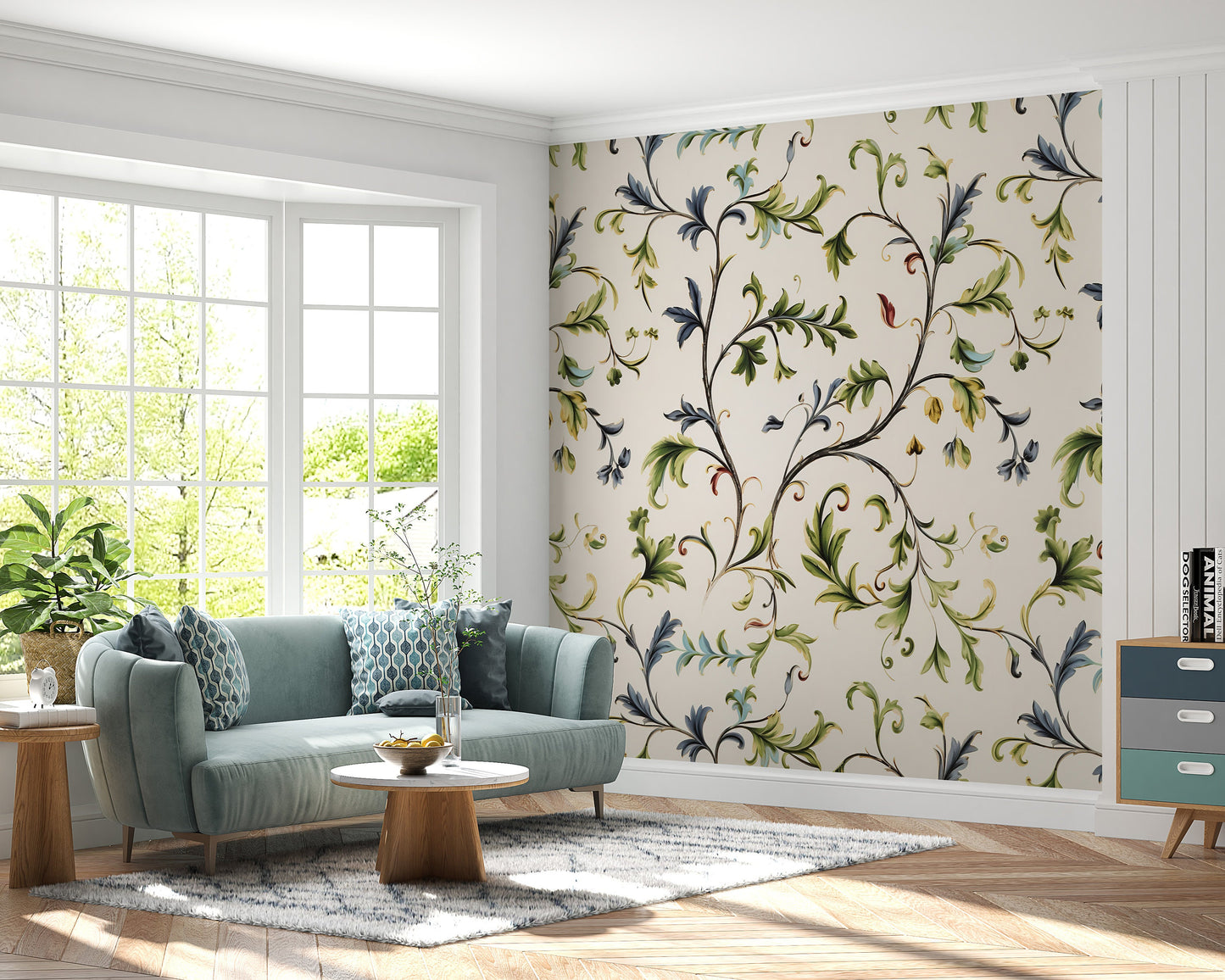 Removable Wallpaper, Green Flower Floral - Peel & Stick, Reusable, Self Adhesive, 26" Panels, Easy Install, Seamless