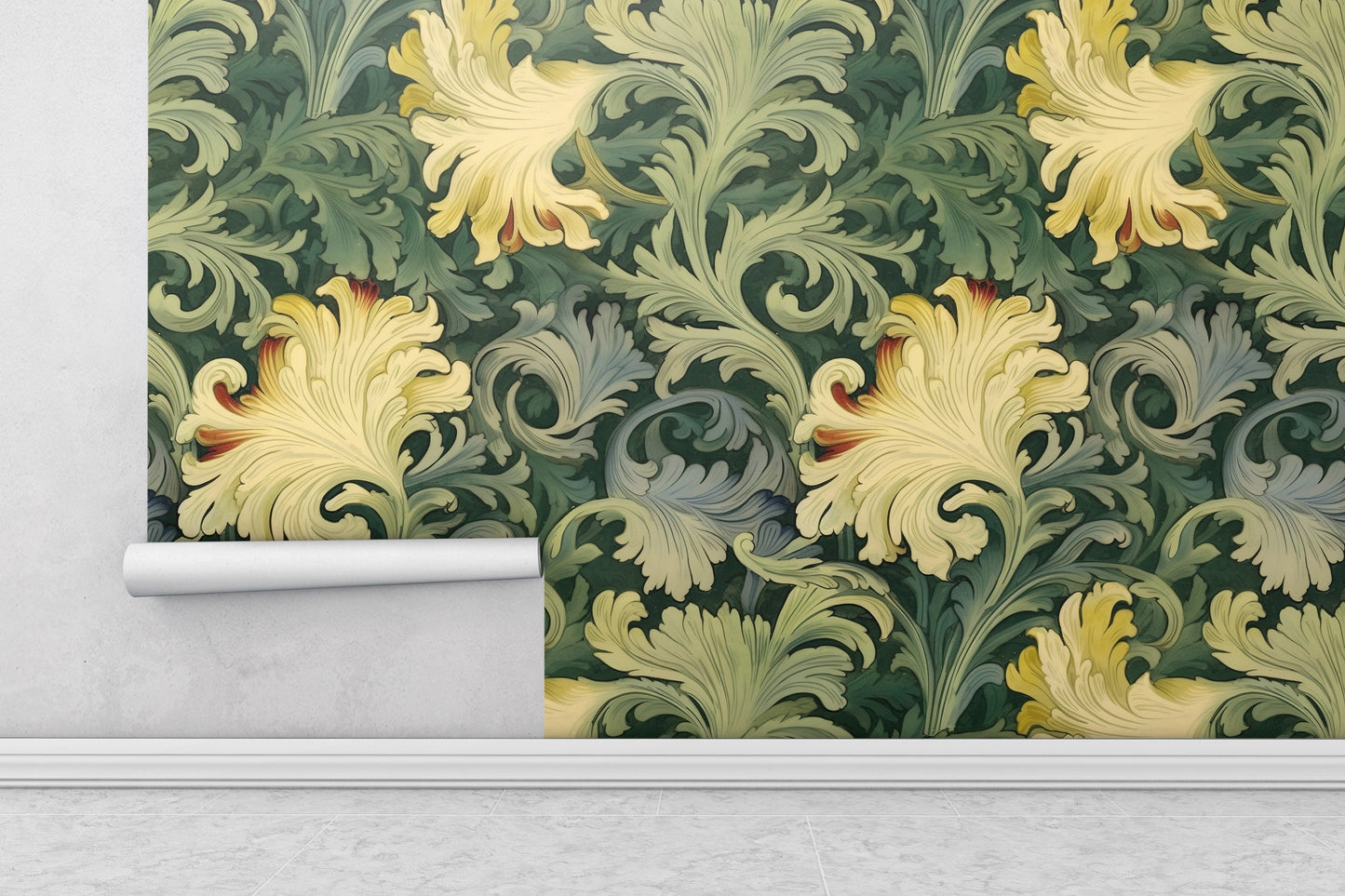 Removable Wallpaper, Flower Green Floral - Peel & Stick, Reusable, Self Adhesive, 26" Panels, Easy Install, Seamless