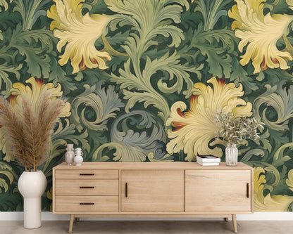 Removable Wallpaper, Flower Green Floral - Peel & Stick, Reusable, Self Adhesive, 26" Panels, Easy Install, Seamless