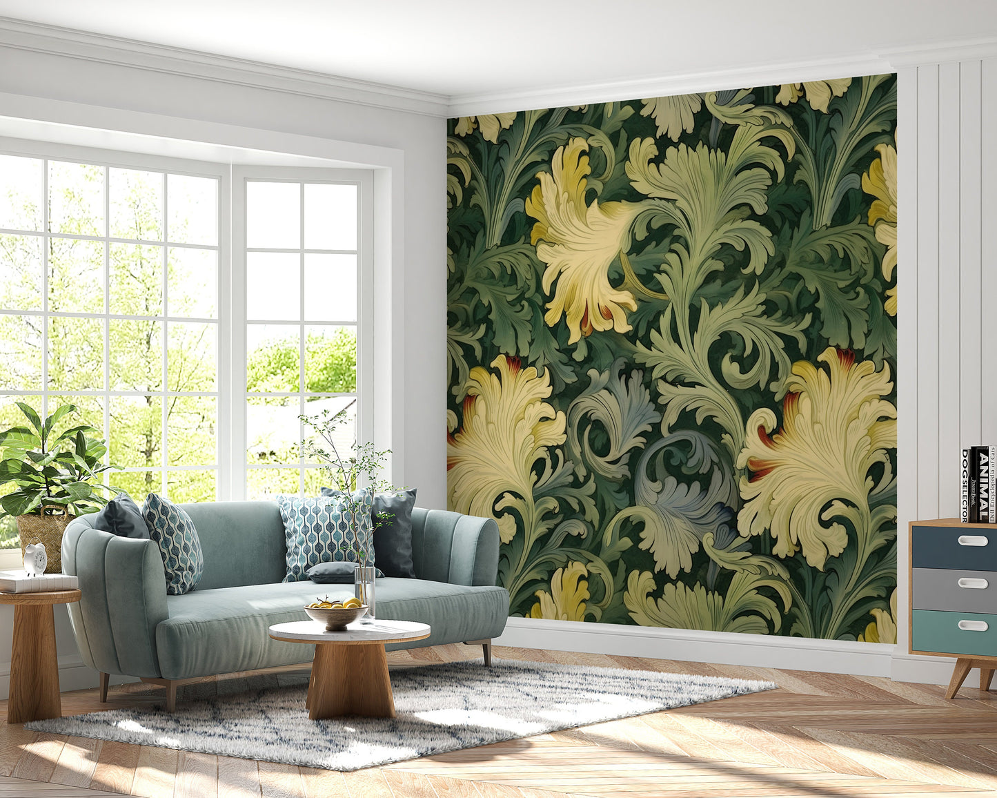 Removable Wallpaper, Flower Green Floral - Peel & Stick, Reusable, Self Adhesive, 26" Panels, Easy Install, Seamless