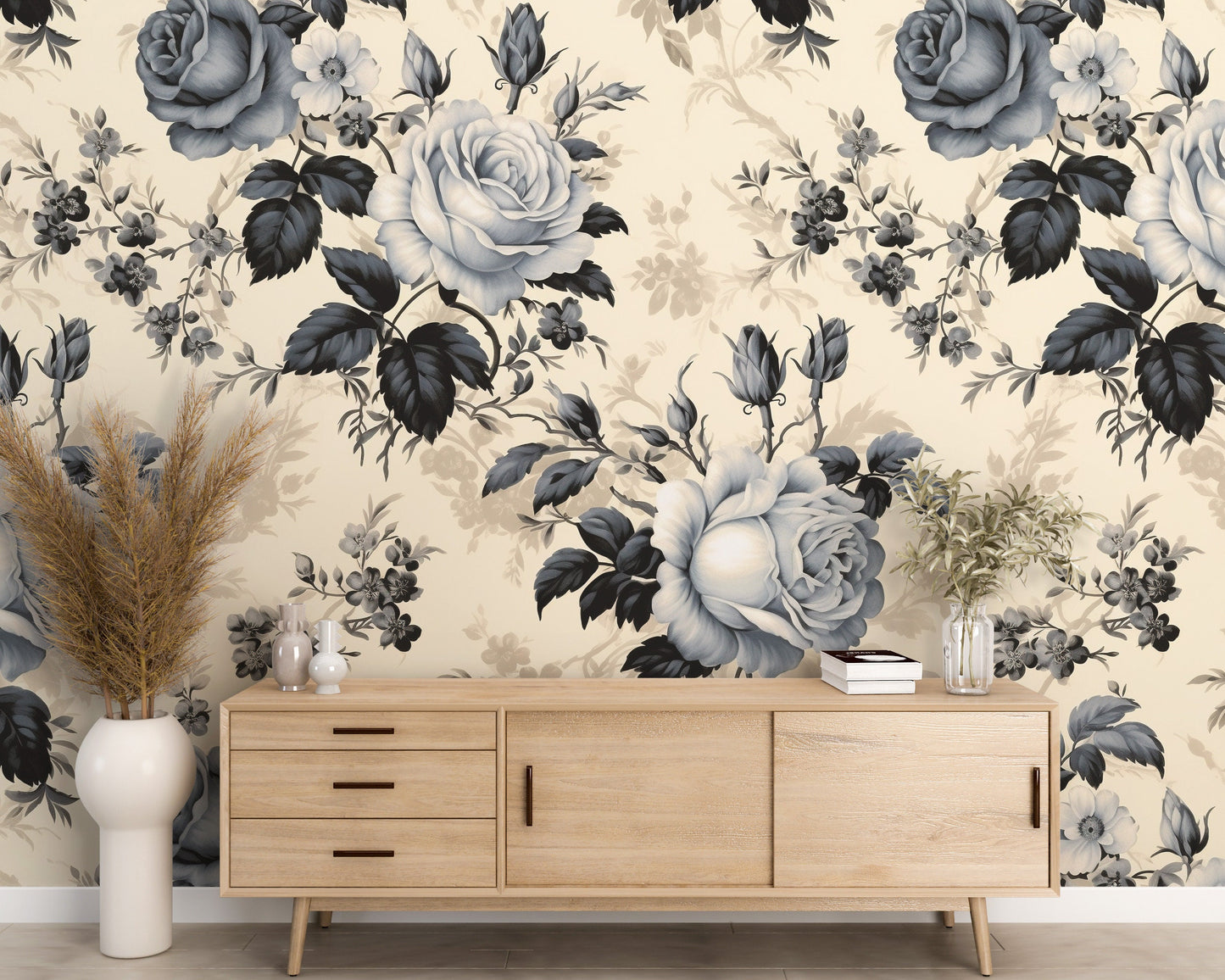 Removable Wallpaper, Gray Floral Flower - Peel & Stick, Reusable, Self Adhesive, 26" Panels, Easy Install, Seamless