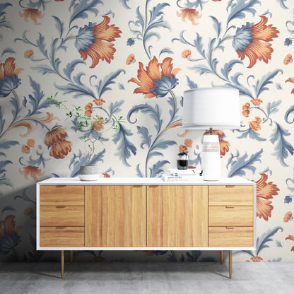 Removable Wallpaper, Cute Orange Floral Flower - Peel & Stick, Reusable, Self Adhesive, 26" Panels, Easy Install, Seamless