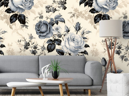 Removable Wallpaper, Gray Floral Flower - Peel & Stick, Reusable, Self Adhesive, 26" Panels, Easy Install, Seamless