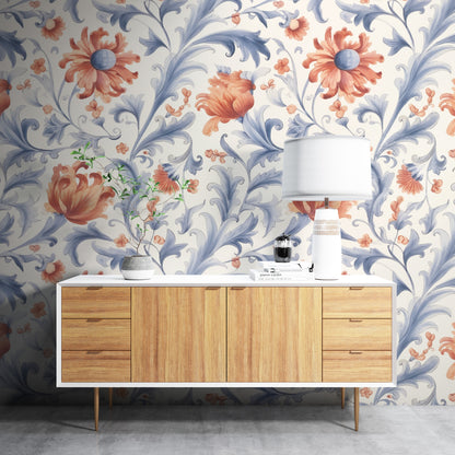 Removable Wallpaper, Beautiful Orange Floral Flower - Peel & Stick, Reusable, Self Adhesive, 26" Panels, Easy Install, Seamless