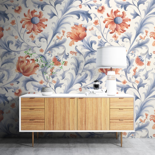 Removable Wallpaper, Beautiful Orange Floral Flower - Peel & Stick, Reusable, Self Adhesive, 26" Panels, Easy Install, Seamless