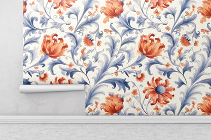 Removable Wallpaper, Beautiful Orange Floral Flower - Peel & Stick, Reusable, Self Adhesive, 26" Panels, Easy Install, Seamless