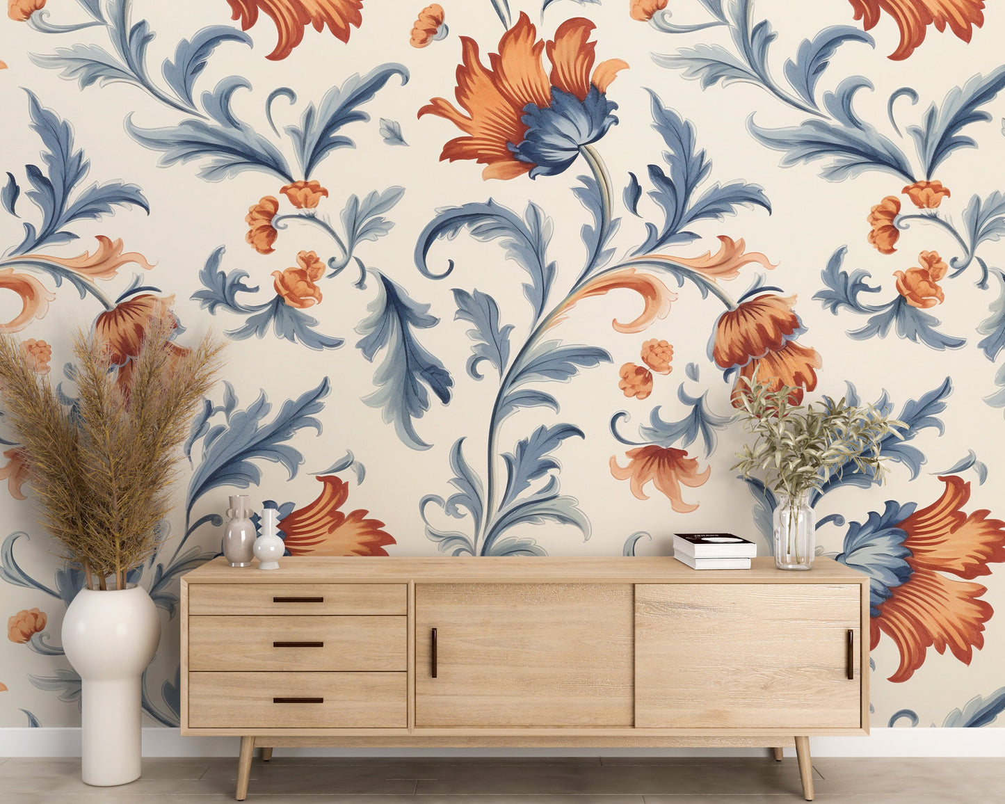 Removable Wallpaper, Cute Orange Floral Flower - Peel & Stick, Reusable, Self Adhesive, 26" Panels, Easy Install, Seamless