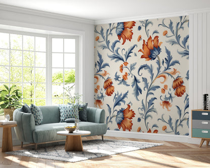 Removable Wallpaper, Cute Orange Floral Flower - Peel & Stick, Reusable, Self Adhesive, 26" Panels, Easy Install, Seamless