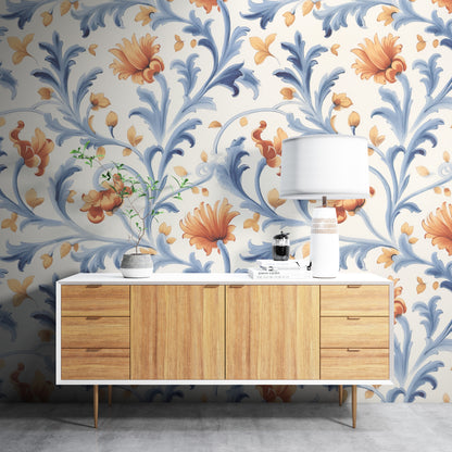 Removable Wallpaper, Beautiful Floral Orange Flower - Peel & Stick, Reusable, Self Adhesive, 26" Panels, Easy Install, Seamless