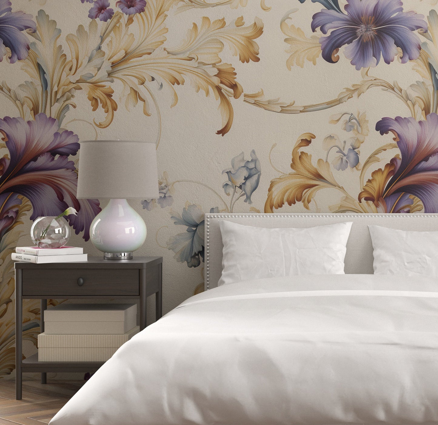 Removable Wallpaper, Purple and Yellow Floral - Peel & Stick, Reusable, Self Adhesive, 26" Panels, Easy Install, Seamless