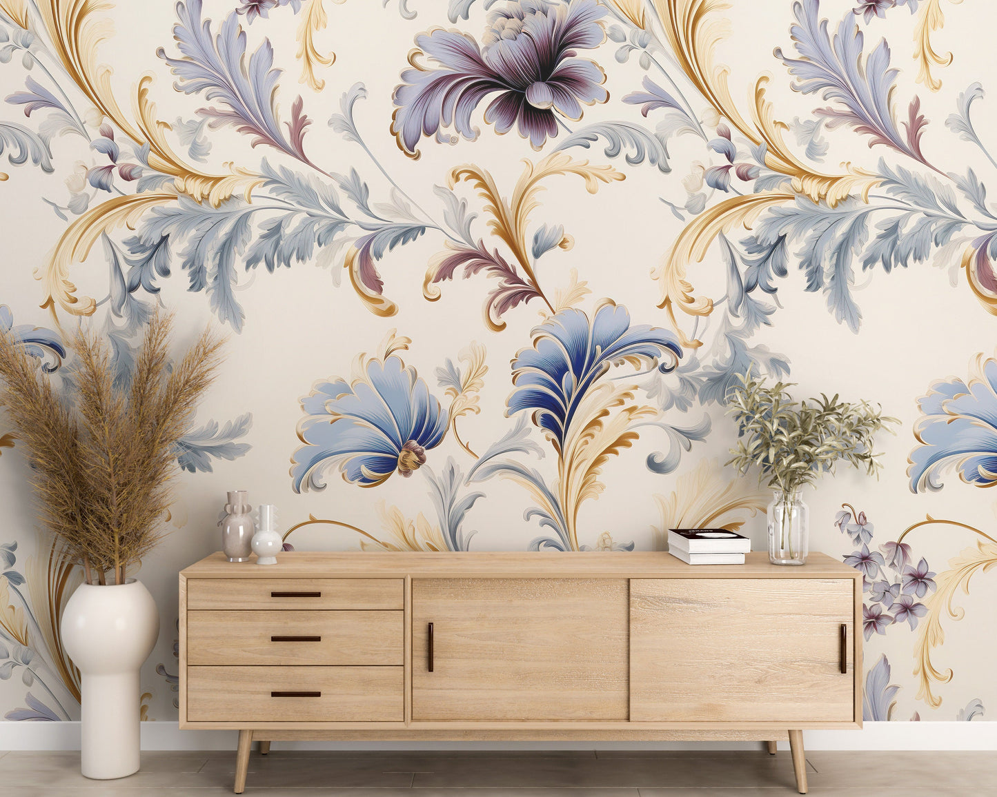 Removable Wallpaper, Blue and Purple Floral - Peel & Stick, Reusable, Self Adhesive, 26" Panels, Easy Install, Seamless