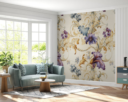 Removable Wallpaper, Purple and Yellow Floral - Peel & Stick, Reusable, Self Adhesive, 26" Panels, Easy Install, Seamless