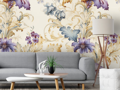 Removable Wallpaper, Purple and Yellow Floral - Peel & Stick, Reusable, Self Adhesive, 26" Panels, Easy Install, Seamless