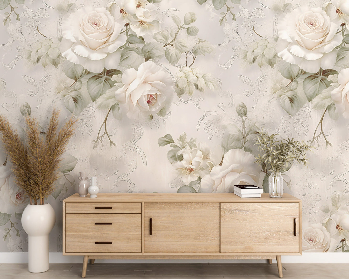 Removable Wallpaper, Beautiful White Flowers Floral - Peel & Stick, Reusable, Self Adhesive, 26" Panels, Easy Install, Seamless