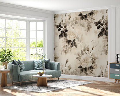 Removable Wallpaper, White Flowers Floral Design - Peel & Stick, Reusable, Self Adhesive, 26" Panels, Easy Install, Seamless