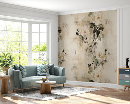 Removable Wallpaper, White Flowers Design Floral - Peel & Stick, Reusable, Self Adhesive, 26" Panels, Easy Install, Seamless