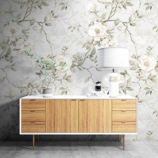 Removable Wallpaper, White Floral Flowers Design - Peel & Stick, Reusable, Self Adhesive, 26" Panels, Easy Install, Seamless